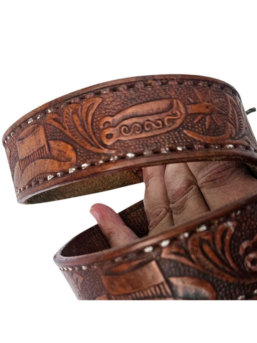 Vintage Mexican Hand Tooled Leather Belt JUAN Hecho en Mexico Western S/30 - Picture 3 of 16
